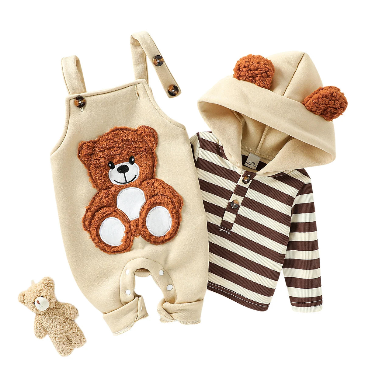Baby Boys' 2-Piece Set – Striped Hoodie & Embroidered Bear Overalls (1–3Y)