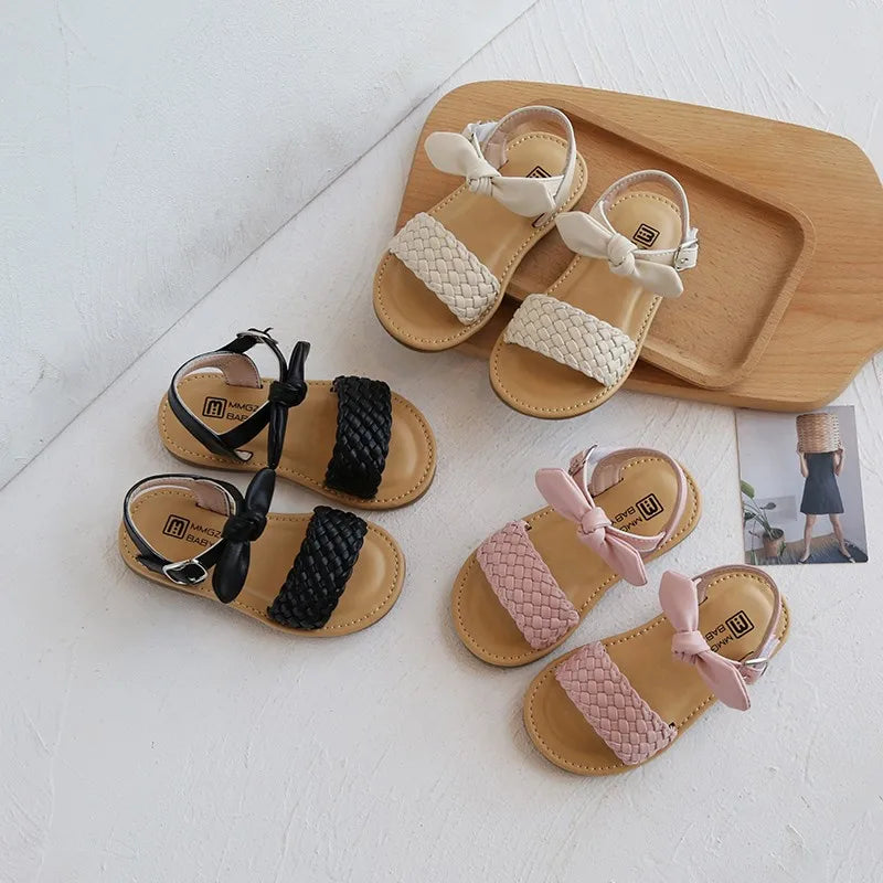 Girls' Bowtie Flat Sandals – Bohemia Style Open Toe Non-Slip Kids Flats (EU 21–30)