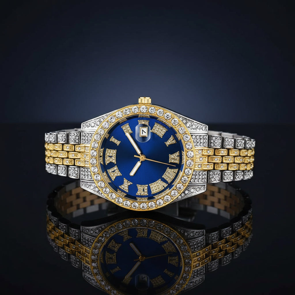 Luxury Hip Hop Stainless Steel Gold Color Calendar Watch For Men Iced Out Paved Rhinestones Men Watch Reloj Hombre
