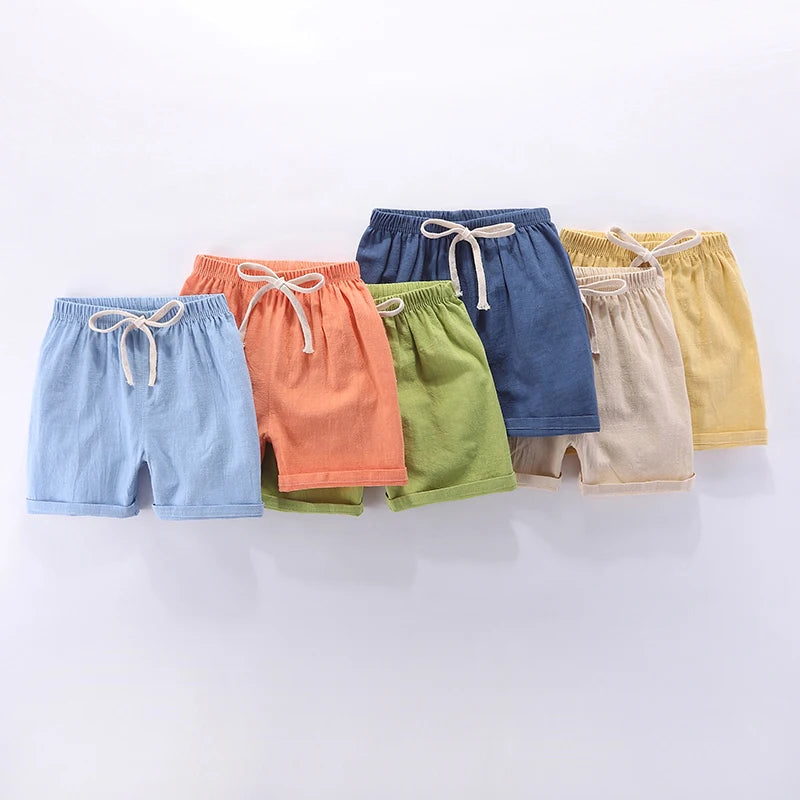 Kids' Beach Shorts – Candy Color Cotton Linen, Breathable Unisex (100–160cm)