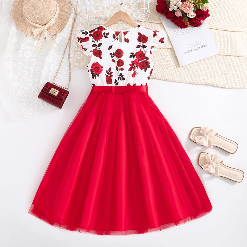 Girls' Formal Rose Floral Tulle Dress – Ruffled Sleeves with Belt (8–12Y)