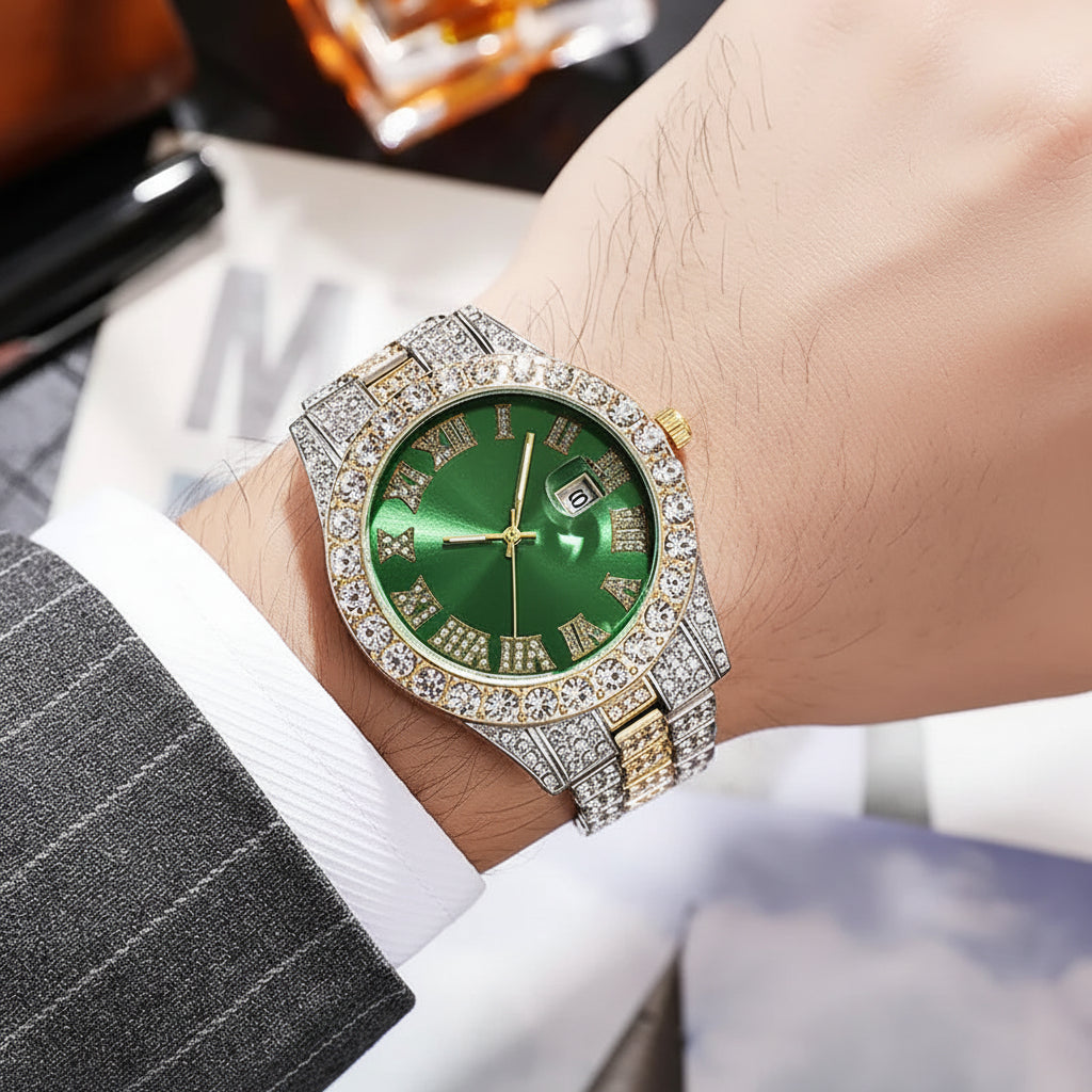 Luxury Hip Hop Stainless Steel Gold Color Calendar Watch For Men Iced Out Paved Rhinestones Men Watch Reloj Hombre
