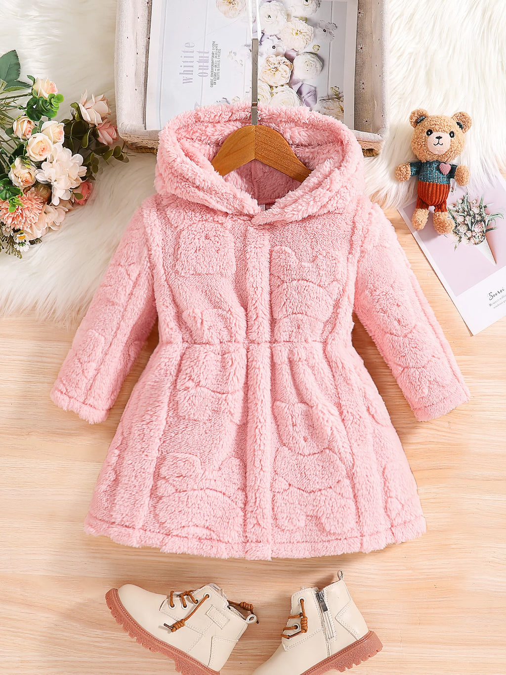 Girls' Pink Velvet Hooded Coat – Warm Casual Zip-Up Jacket (4–8Y)