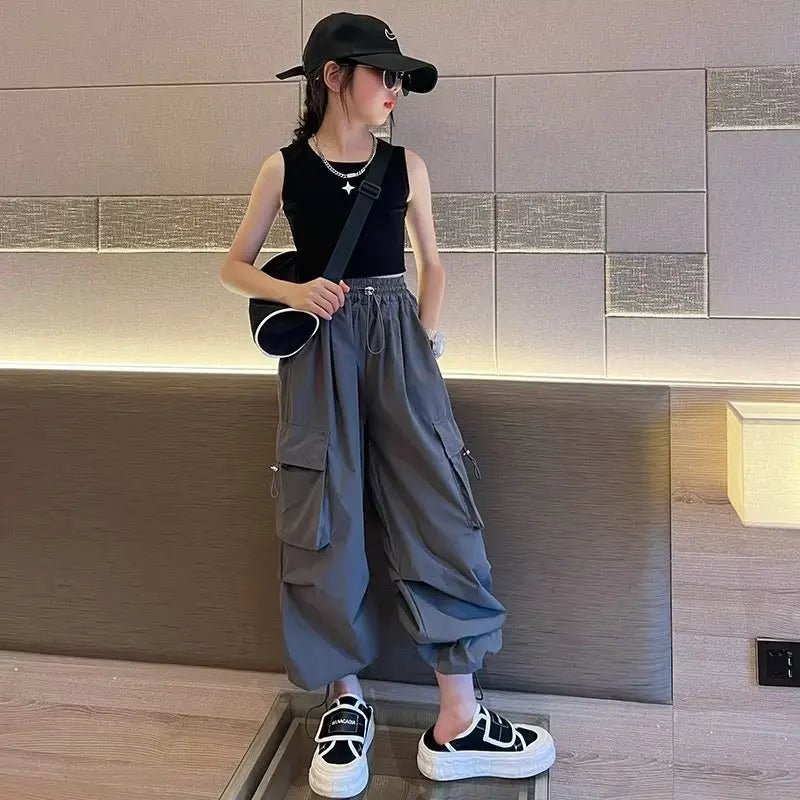Girls' Cargo Jogger Pants – Loose Straight Streetwear Trousers with Pockets (Ages 5–14)