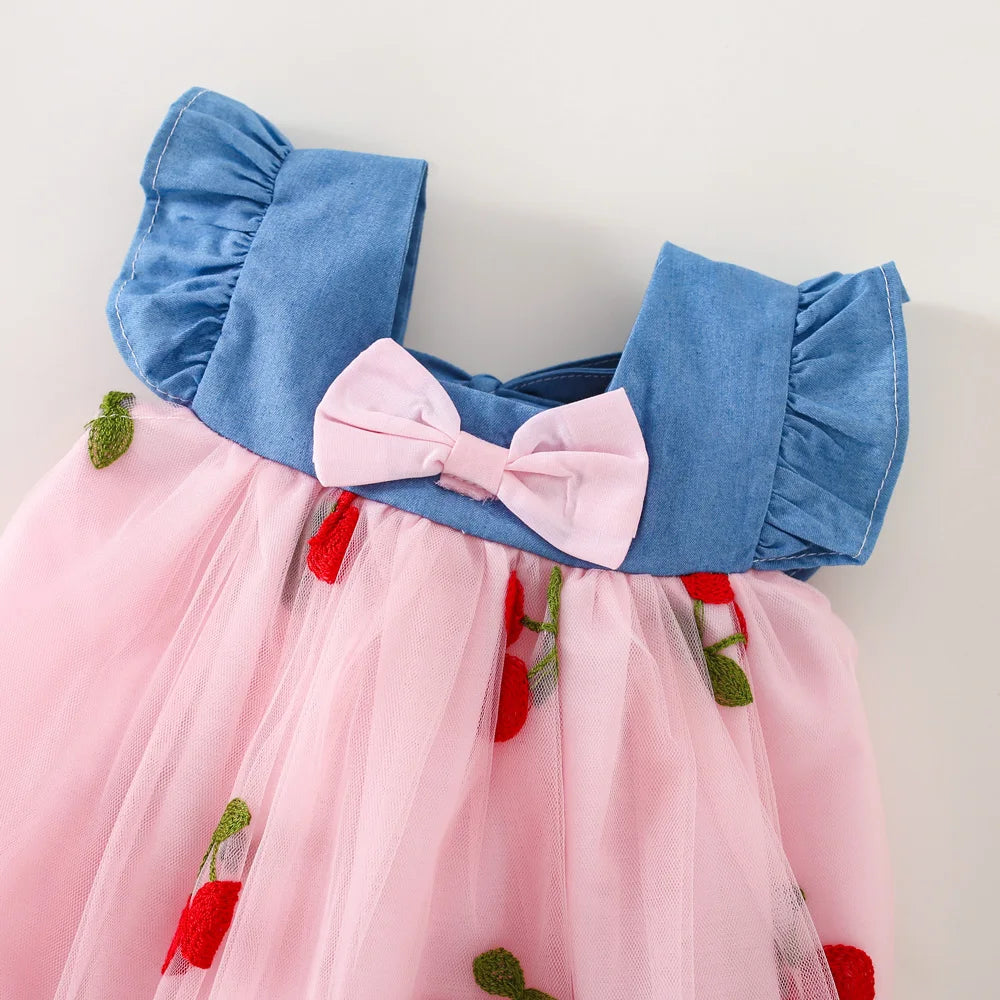Baby Girl Lace Cherry Dress – Puff Sleeve Flower Girl Wedding Dress