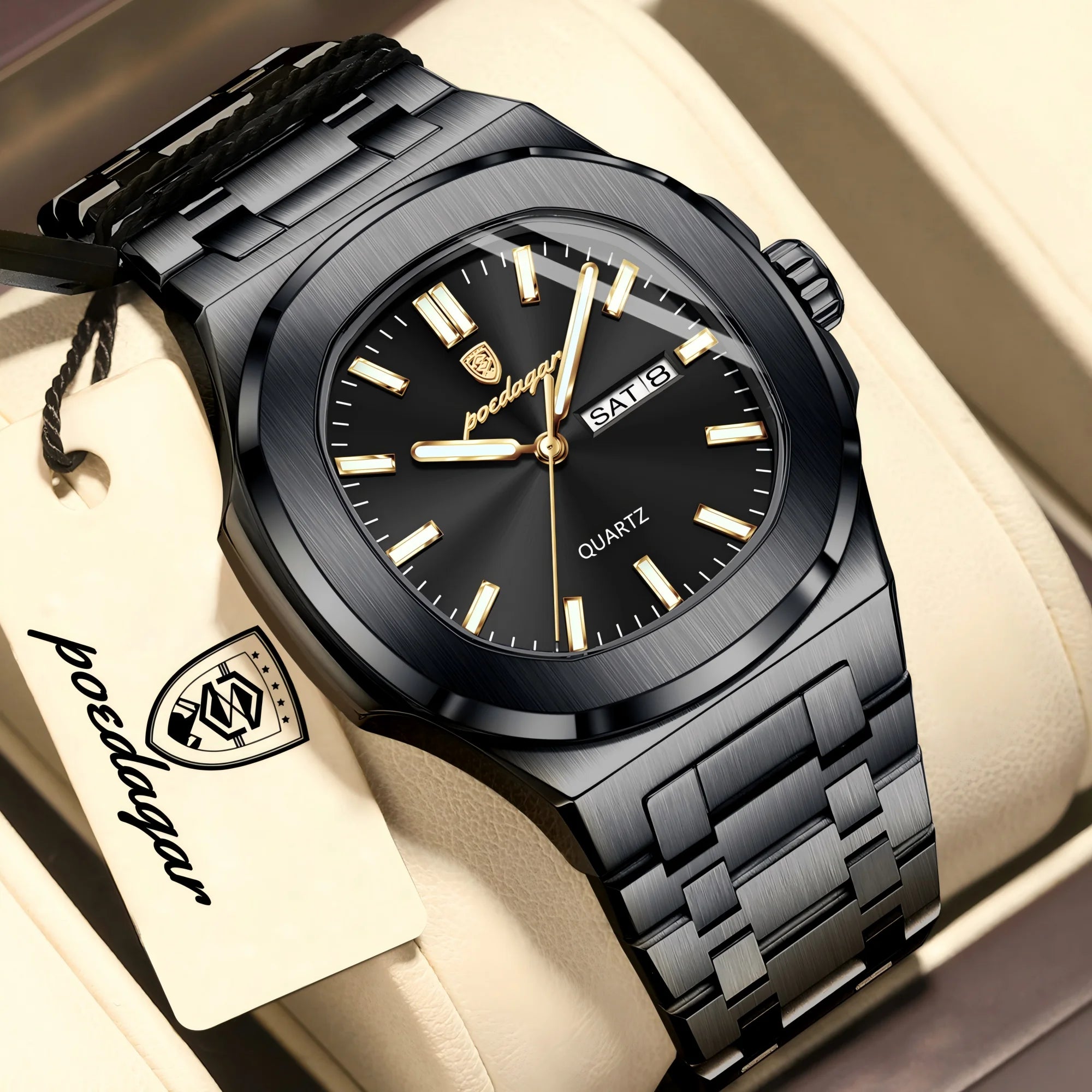 POEDAGAR Square Luxury Men Clock Waterproof Luminous Date Week Quartz Man Wristwatch Stainless Steel Fashion Men's Watches Reloj