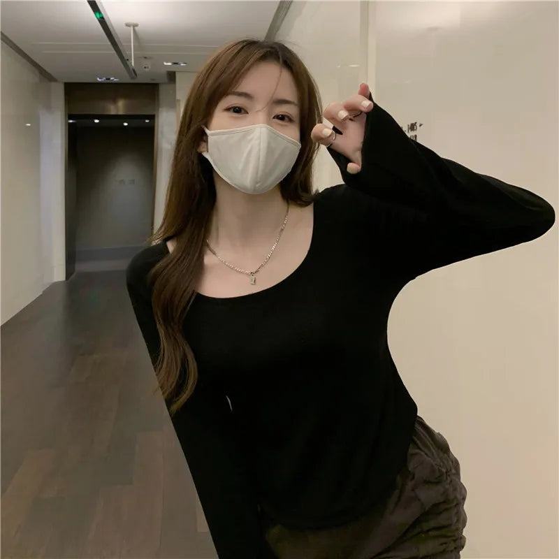 Women’s Elegant Slim T‑Shirt – Irregular Long Sleeve, Thin Section, Short Top