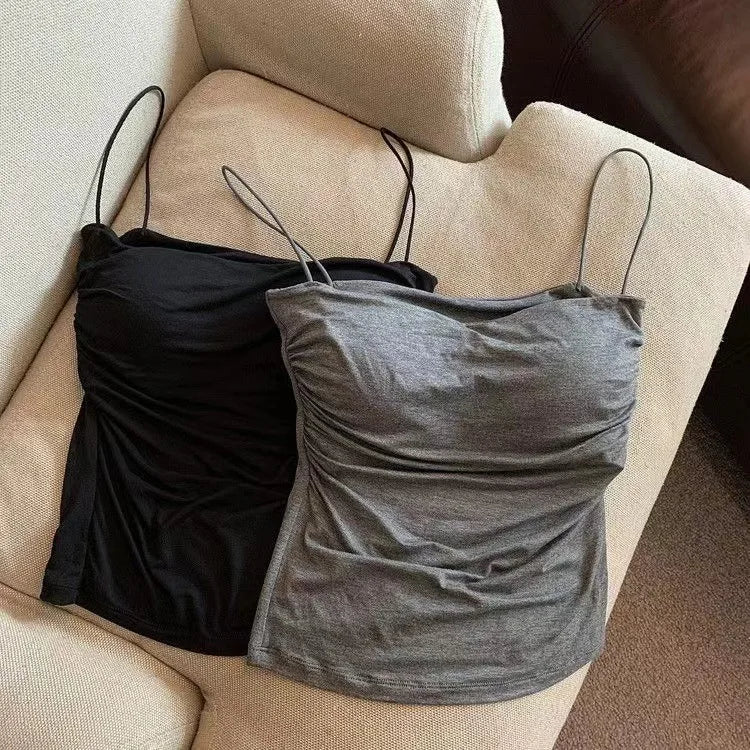 Women's Built-In Bra Halter Tank Top – Korean Style Stretch Cami (Beach & Casual)
