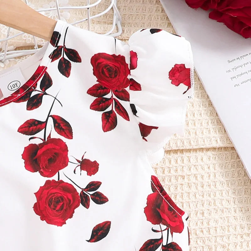 Girls' Formal Rose Floral Tulle Dress – Ruffled Sleeves with Belt (8–12Y)