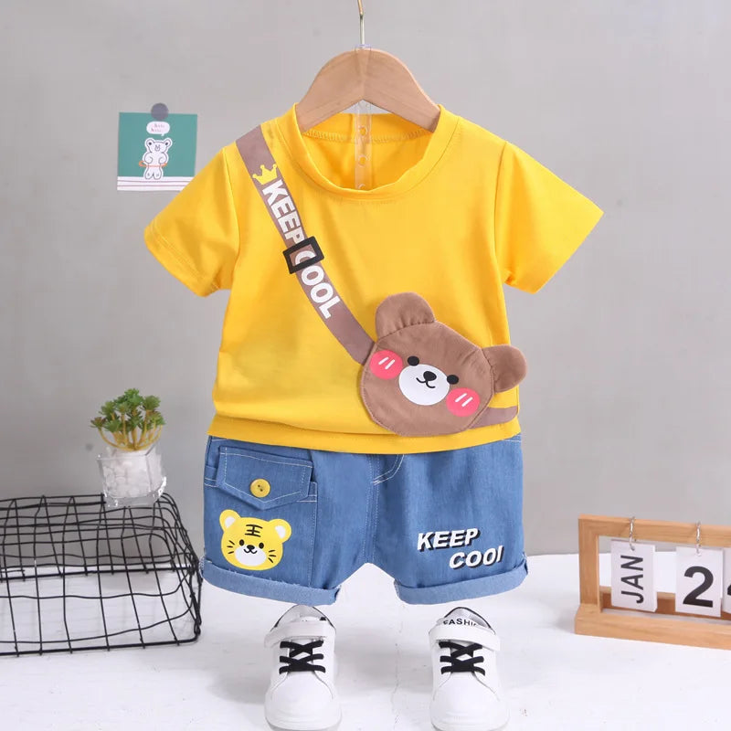 Baby Boys' Summer 2-Piece Set – Cartoon Bear Cotton T-Shirt & Shorts (9M–5T)