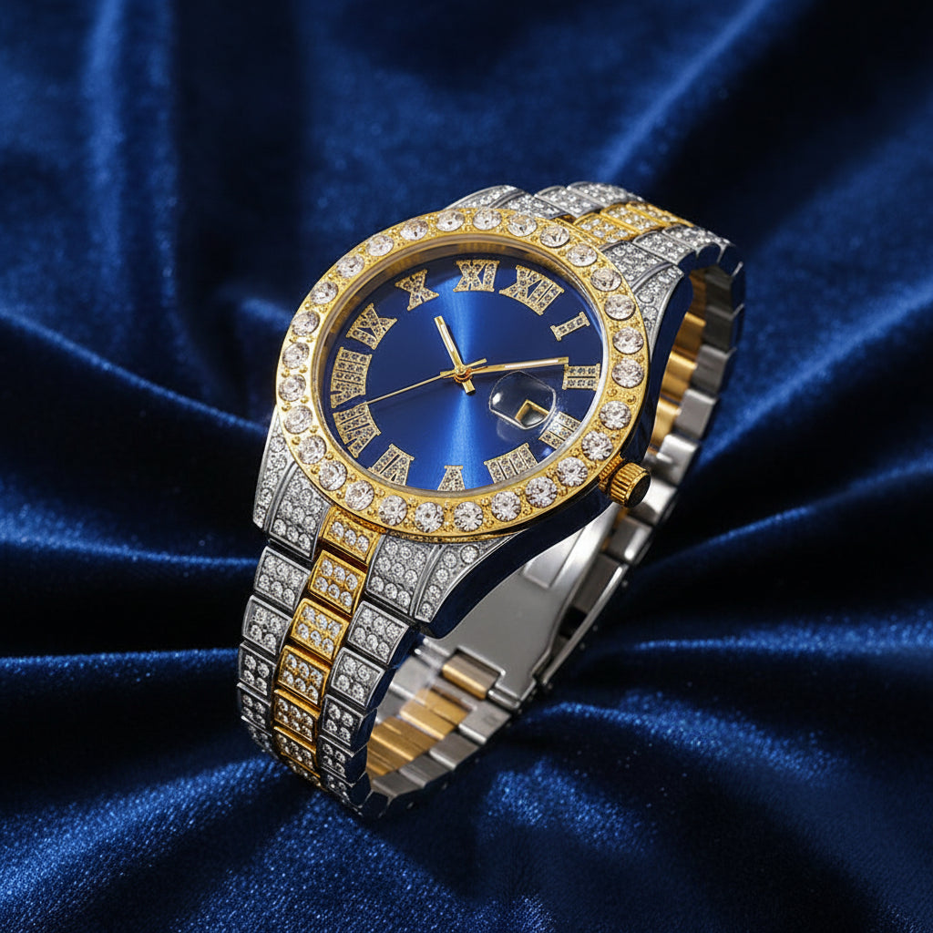 Luxury Hip Hop Stainless Steel Gold Color Calendar Watch For Men Iced Out Paved Rhinestones Men Watch Reloj Hombre