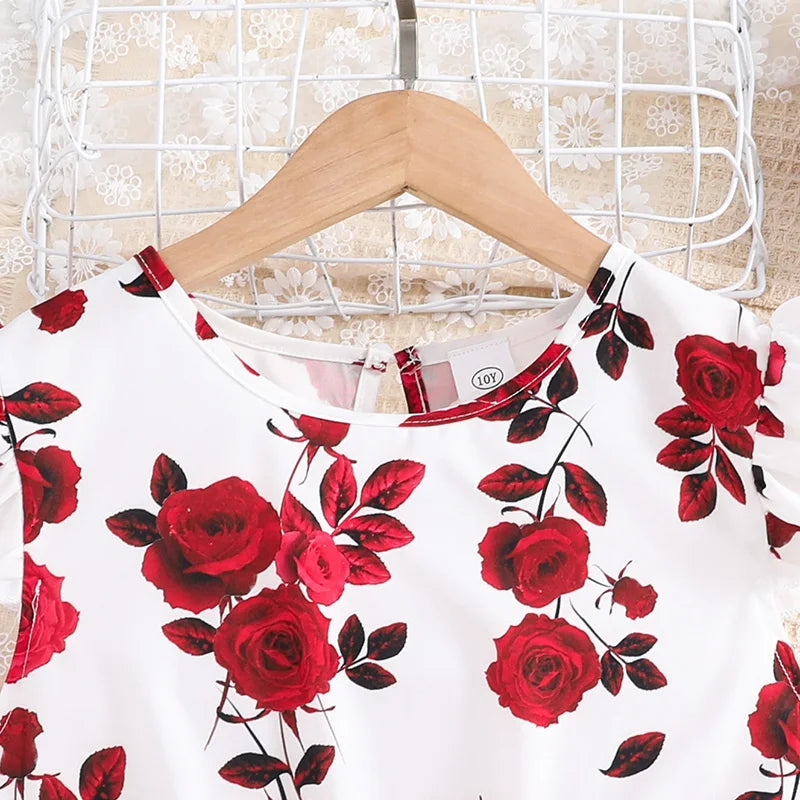 Girls' Formal Rose Floral Tulle Dress – Ruffled Sleeves with Belt (8–12Y)