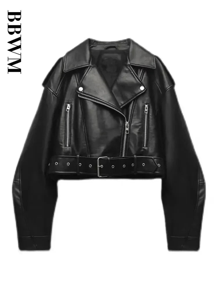 Women’s Oversized PU Leather Jacket – Vintage Loose Fit, Belted Moto Biker Style