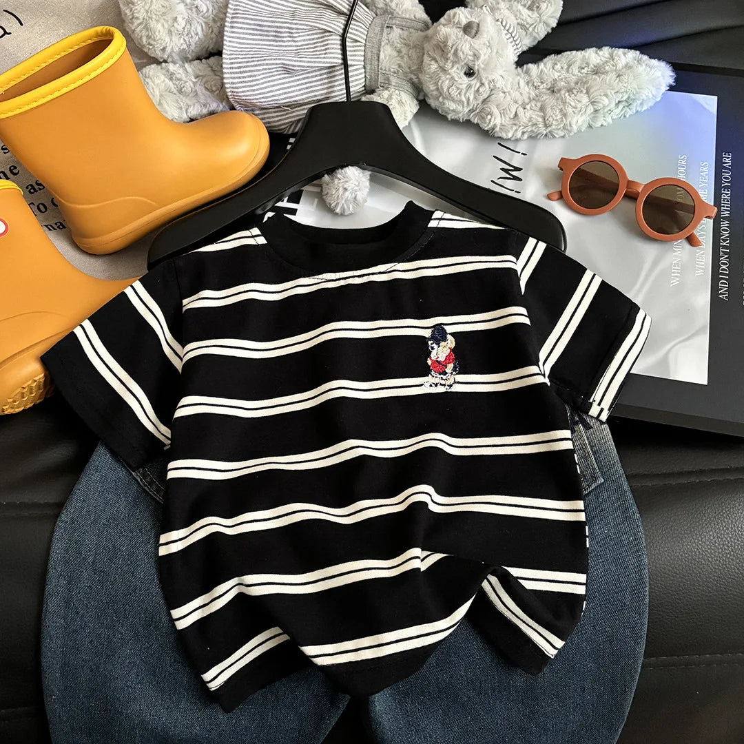 Summer Cotton Children Stripe Short Sleeve T-shirt For Boys and Girls Vintage Fashion Tops