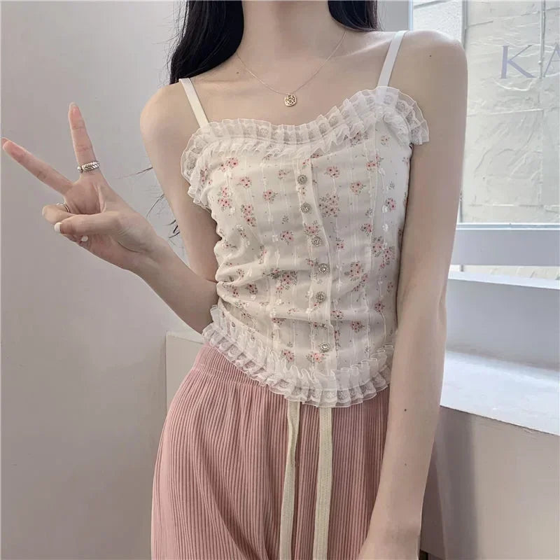 Women’s Floral Lace Vest – Halter Neck, Backless, Sleeveless Casual Top