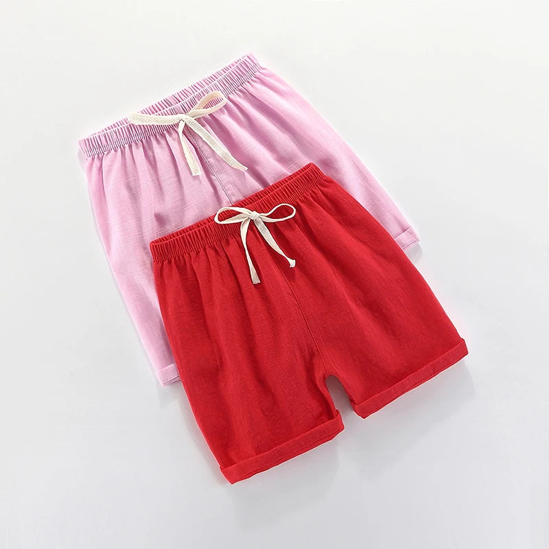 Kids' Beach Shorts – Candy Color Cotton Linen, Breathable Unisex (100–160cm)