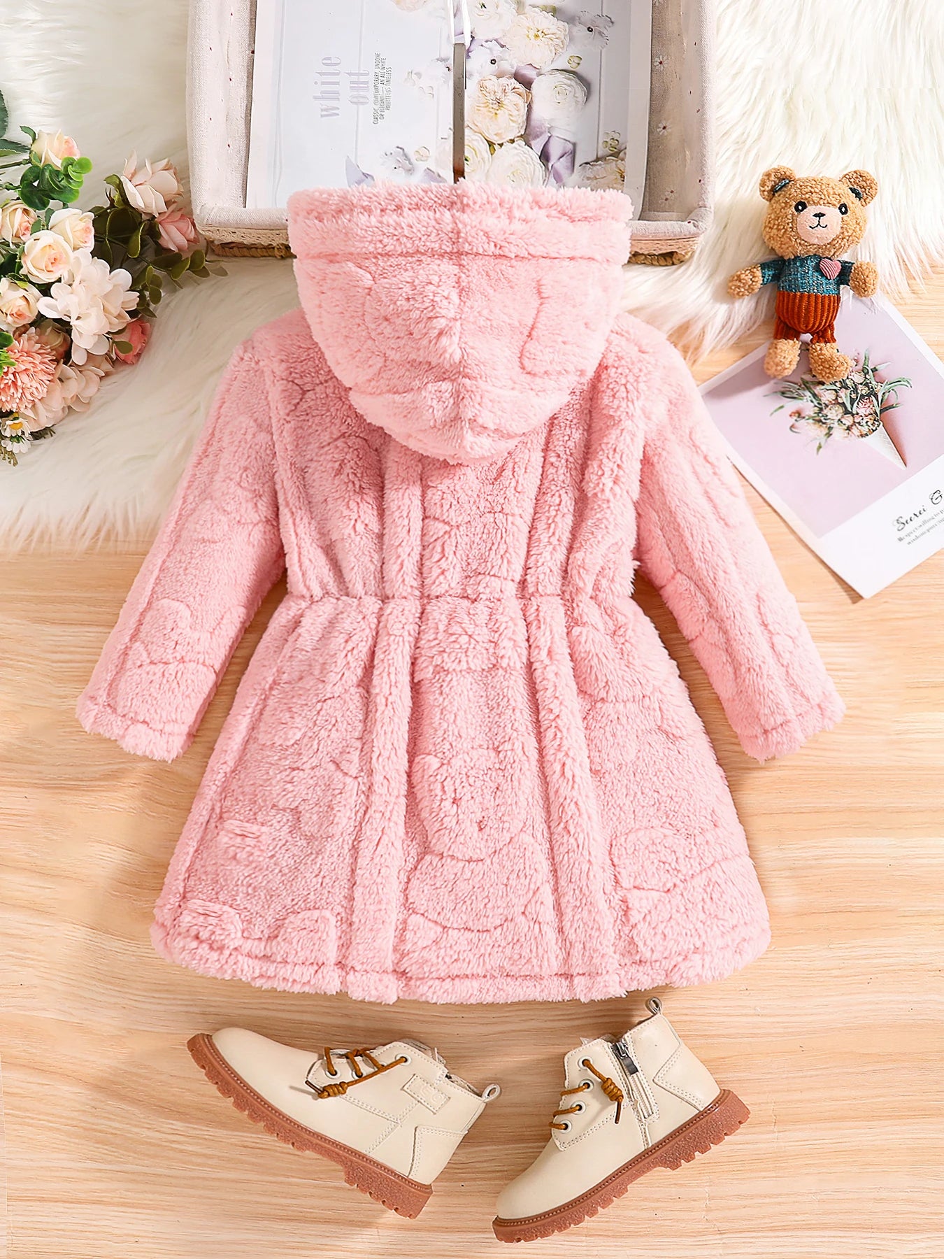Girls' Pink Velvet Hooded Coat – Warm Casual Zip-Up Jacket (4–8Y)