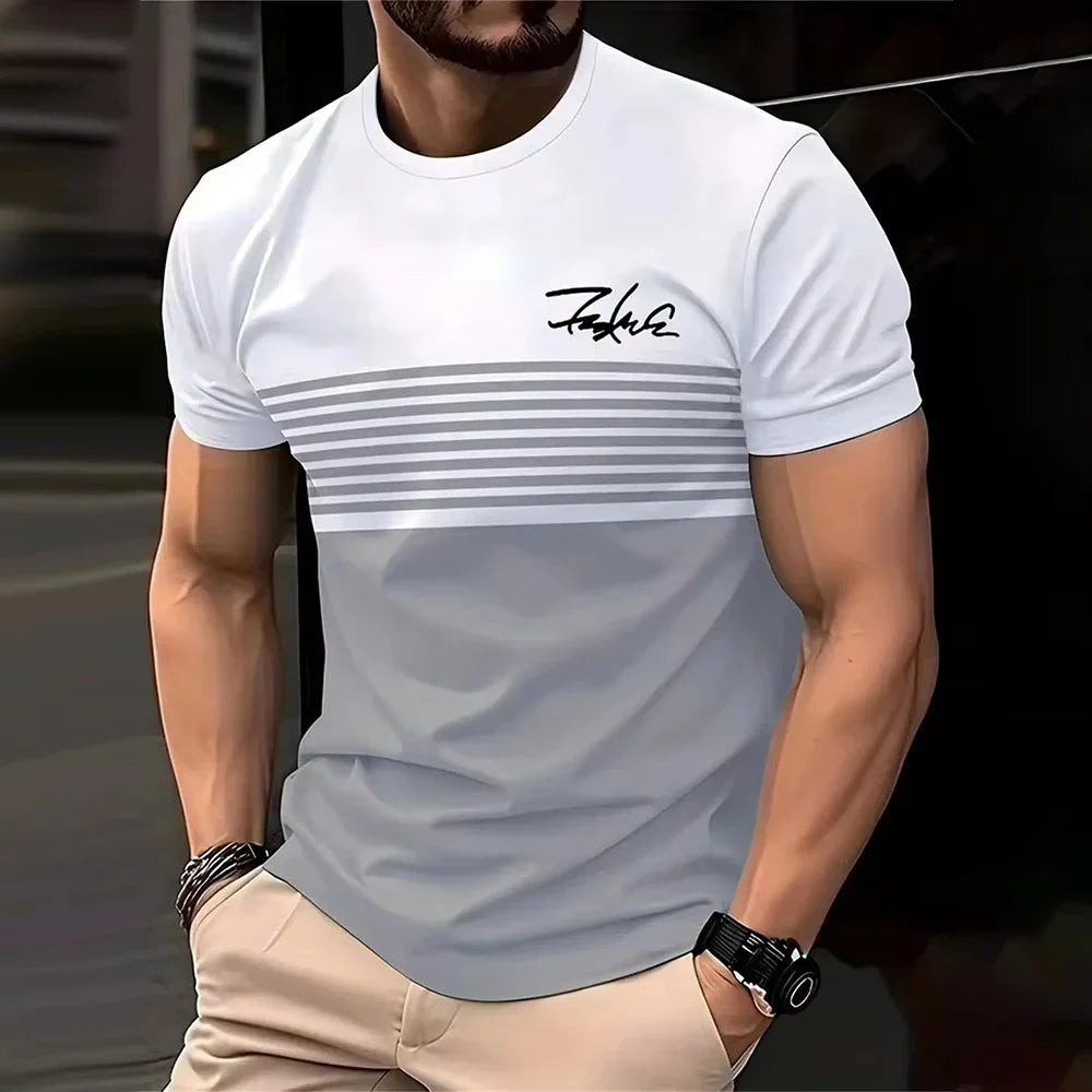 Fashionable striped printed short-sleeved T-shirt 2025 Spring/Summer casual collar crew T-shirt Soft and breathable T-shirt for
