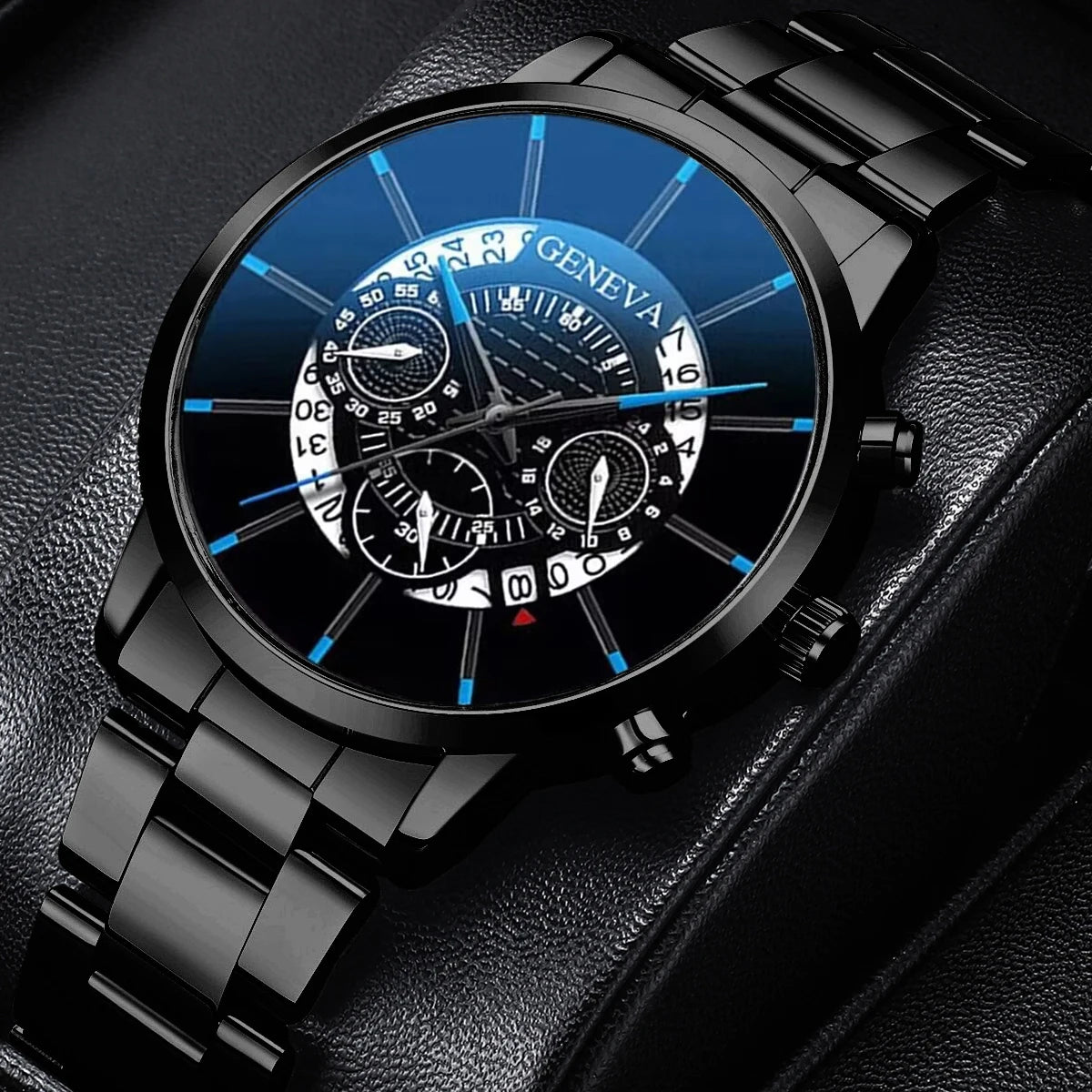 2PCS Men Business Watches Fashion Steel Band Male's Analog Quartz Watch Leather Bracelet Set Reloj Hombre（Without Box