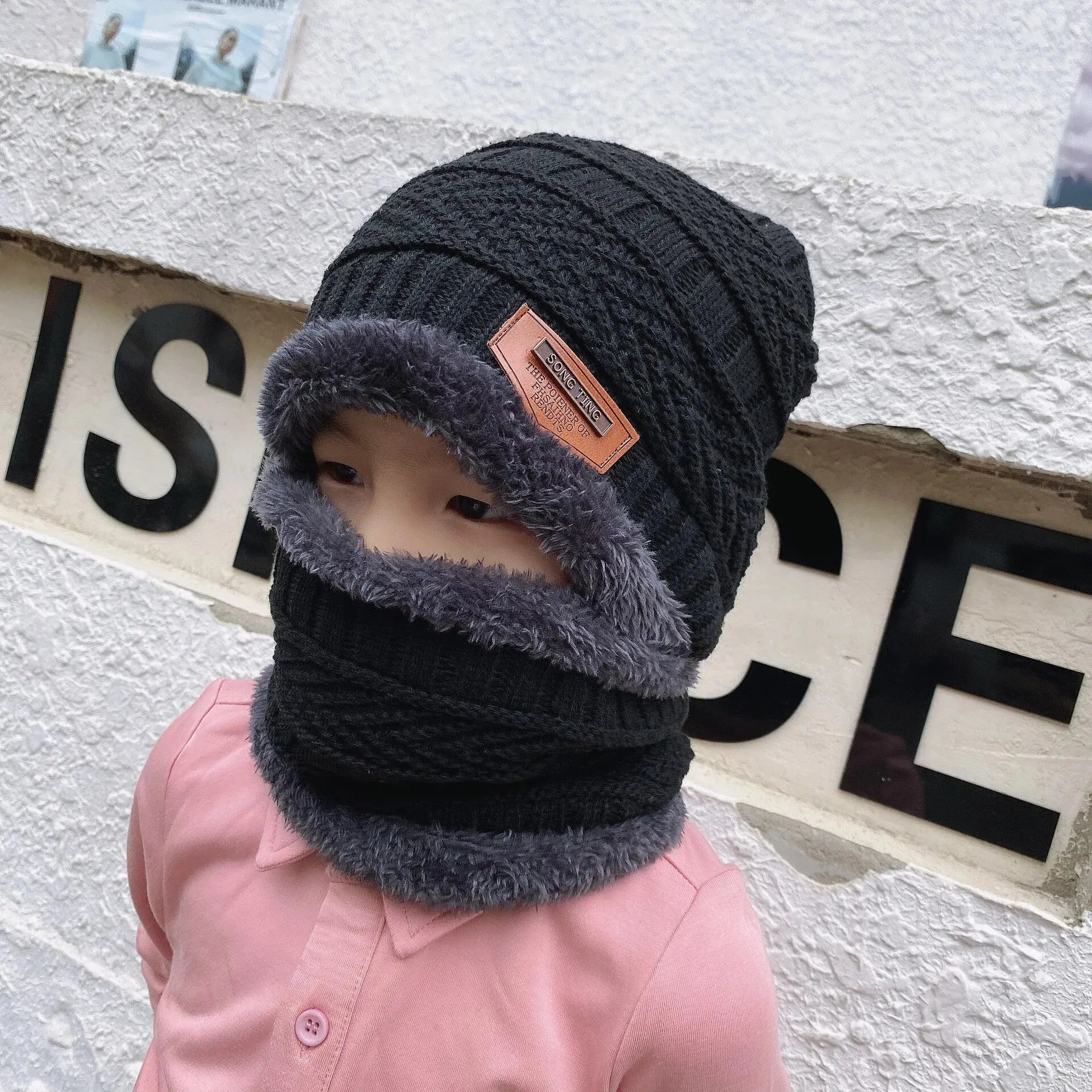 Children's Hats Winter Velvet Warm Neck Brace Two-Piece Hat Men's And Women's Treasure Outdoor Thickened Knitted Beanie