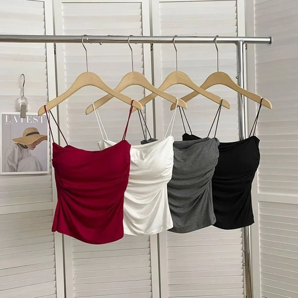 Women's Built-In Bra Halter Tank Top – Korean Style Stretch Cami (Beach & Casual)