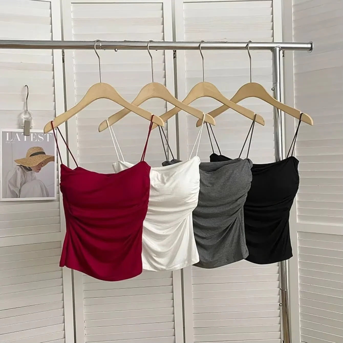 Women's Built-In Bra Halter Tank Top – Korean Style Stretch Cami (Beach & Casual)