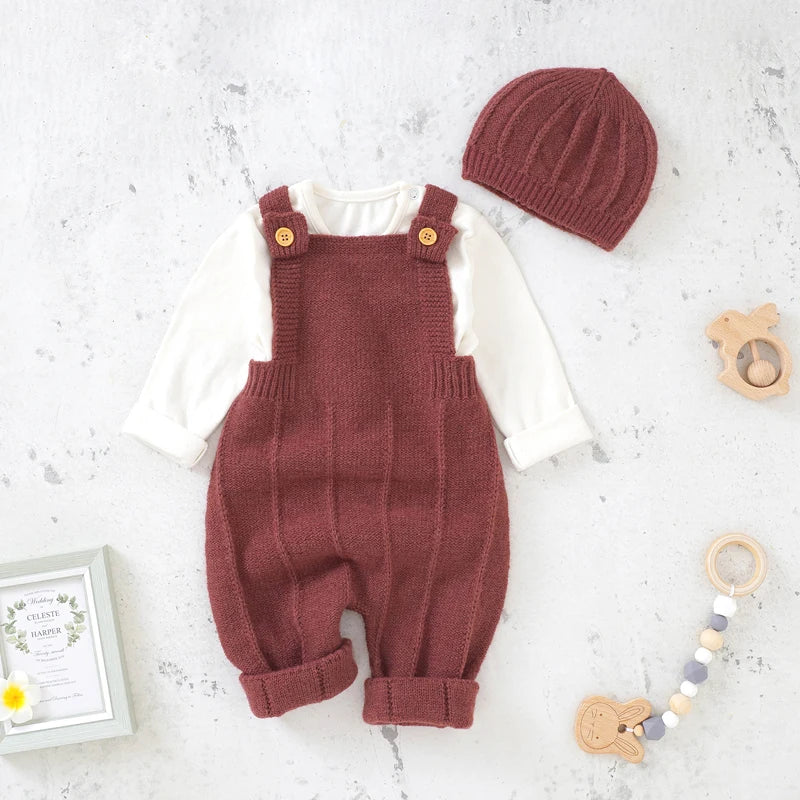 Baby Knit Romper Set with Hat – Sleeveless Solid Jumpsuit, Unisex (0–24M)