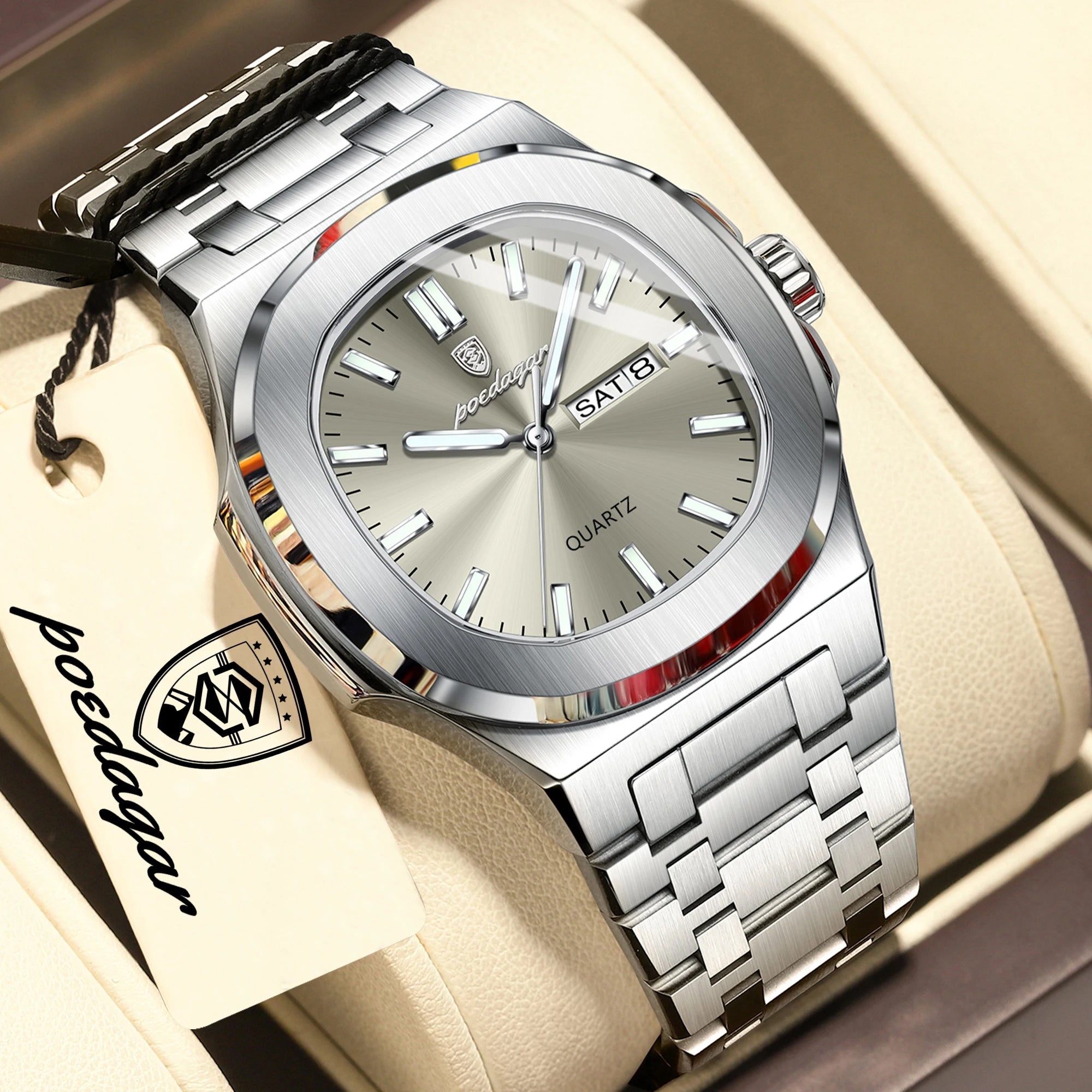 POEDAGAR Square Luxury Men Clock Waterproof Luminous Date Week Quartz Man Wristwatch Stainless Steel Fashion Men's Watches Reloj