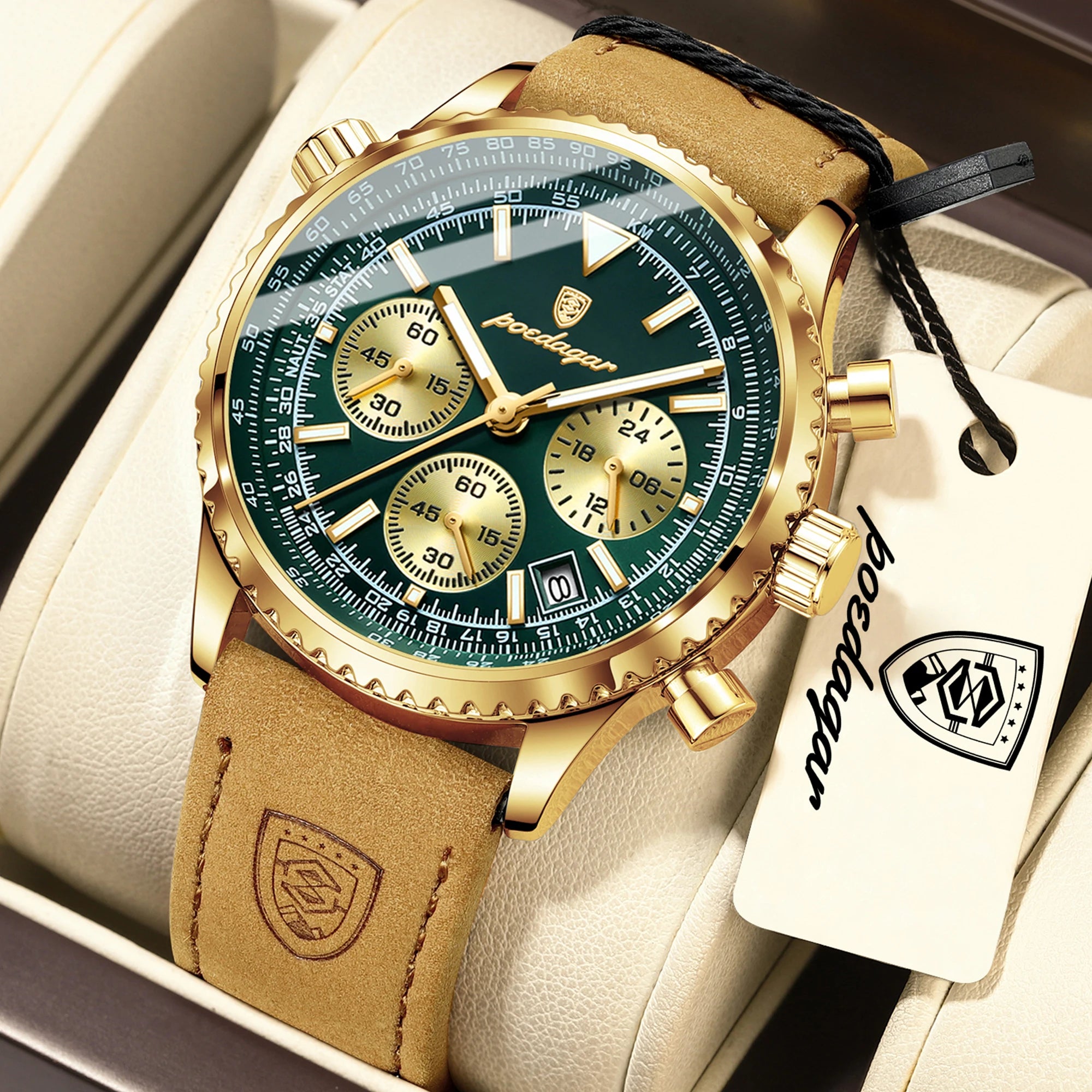 POEDAGAR Business Men Wristwatch Waterproof Luminous Date Chronograph Sport Man Clock Leather Quartz Fashion Men's Watches Reloj